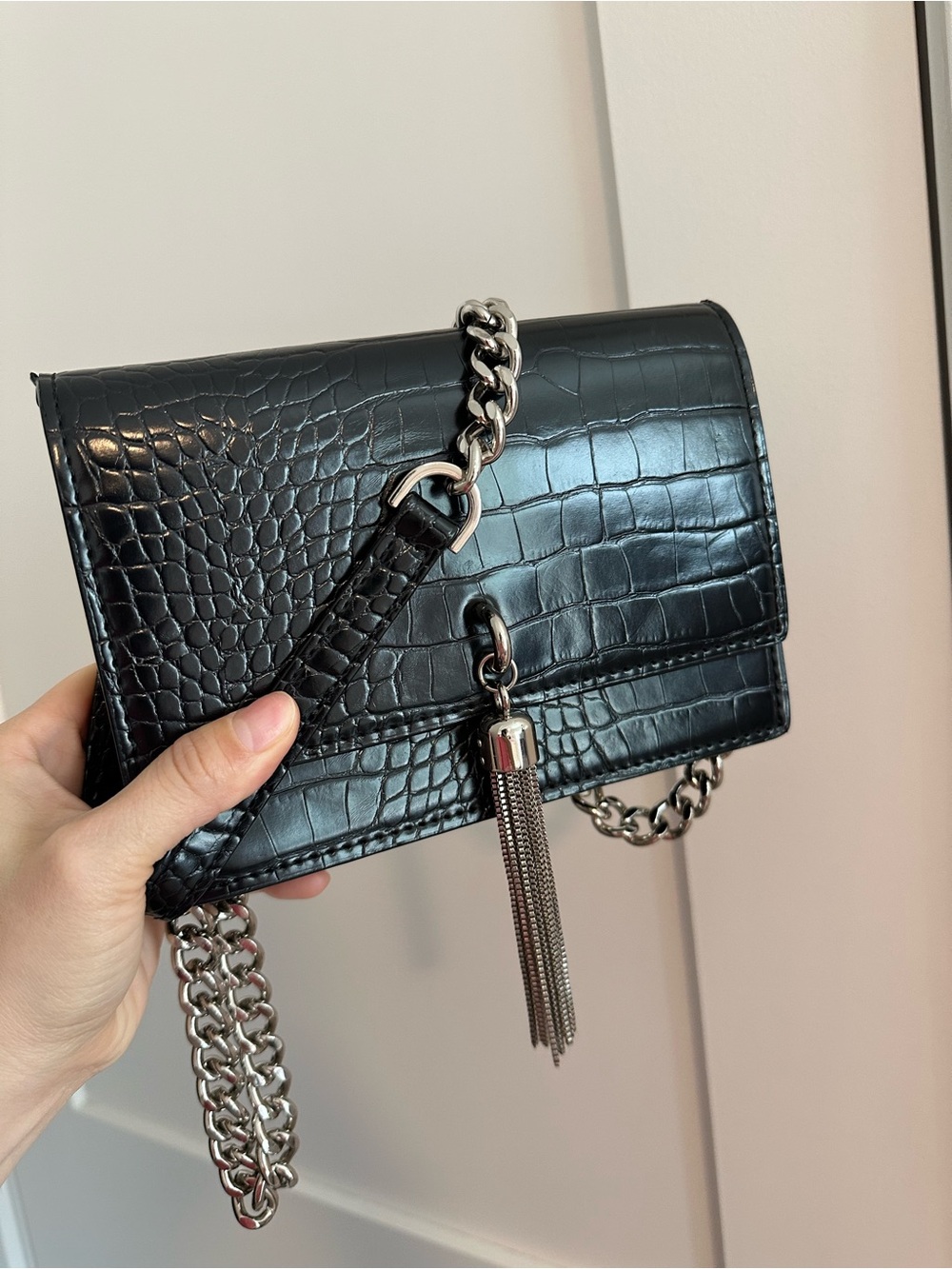 Black Croc-Embossed Chain Tassel Crossbody Bag